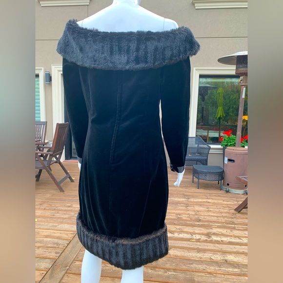 Black coton velvet mini prom party Dress fur boat neck fur hemline big satin bow - Picture 4 of 16